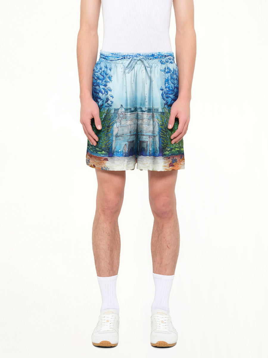 Trompe L'Oeil Silk Shorts in Blue