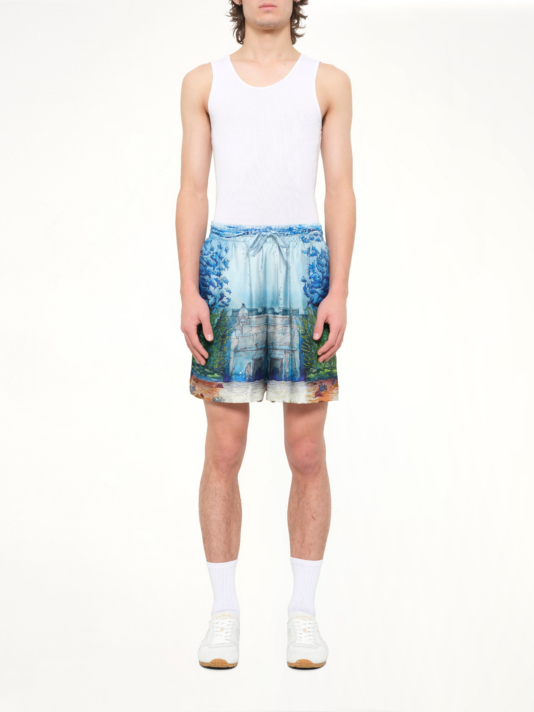 Trompe L'Oeil Silk Shorts in Blue