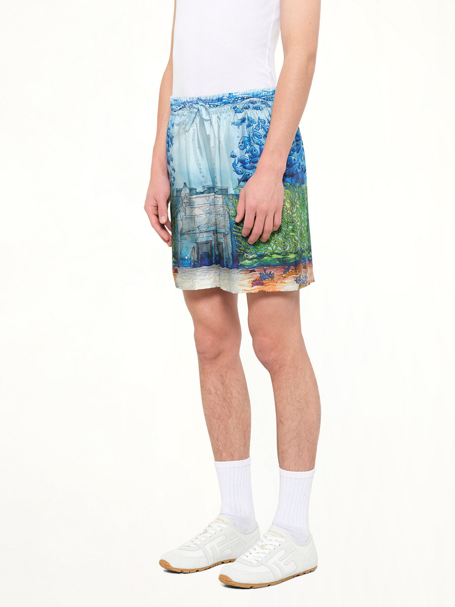 Trompe L'Oeil Silk Shorts in Blue