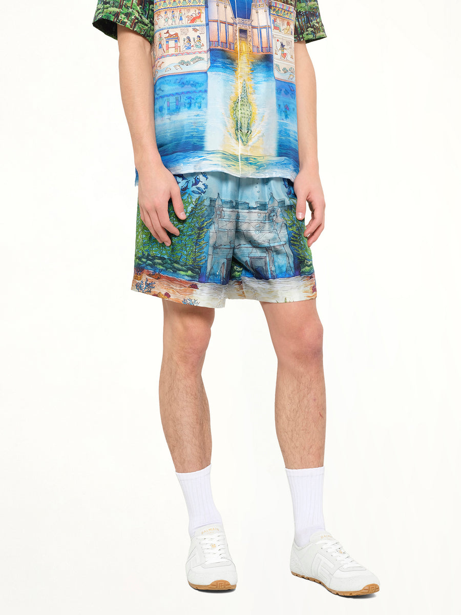 Trompe L'Oeil Silk Shorts in Blue