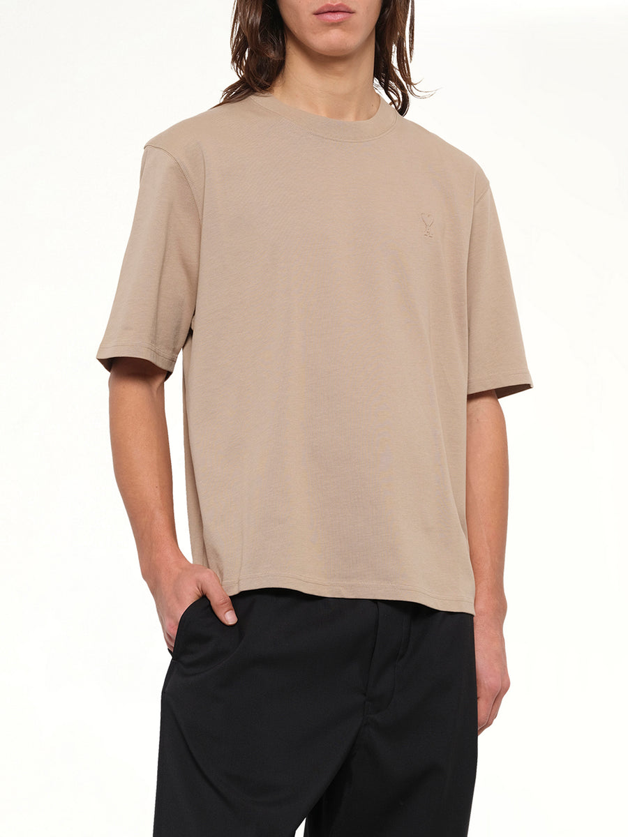 Tonal Embossed Ami De Coeur T-Shirt in Beige