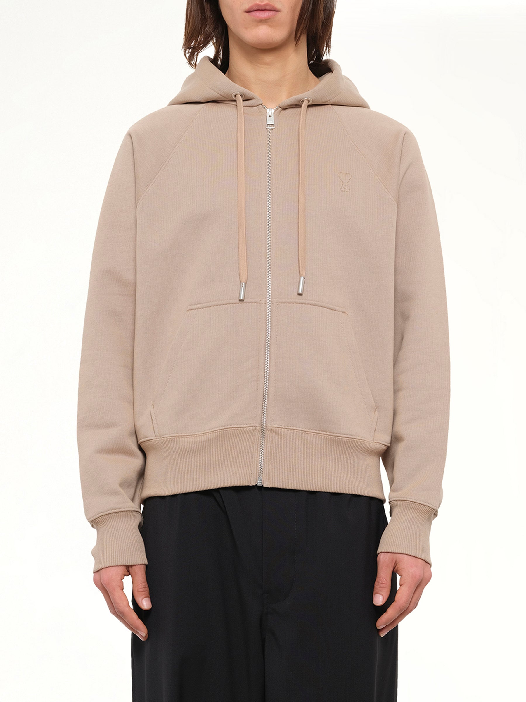 Tonal Embossed Ami De Coeur Zipped Hoodie in Beige