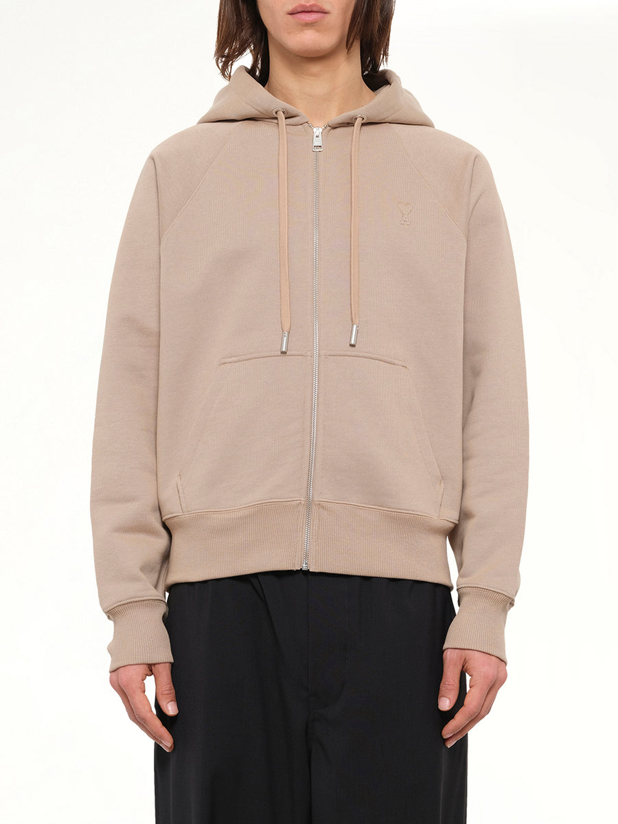 Tonal Embossed Ami De Coeur Zipped Hoodie in Beige