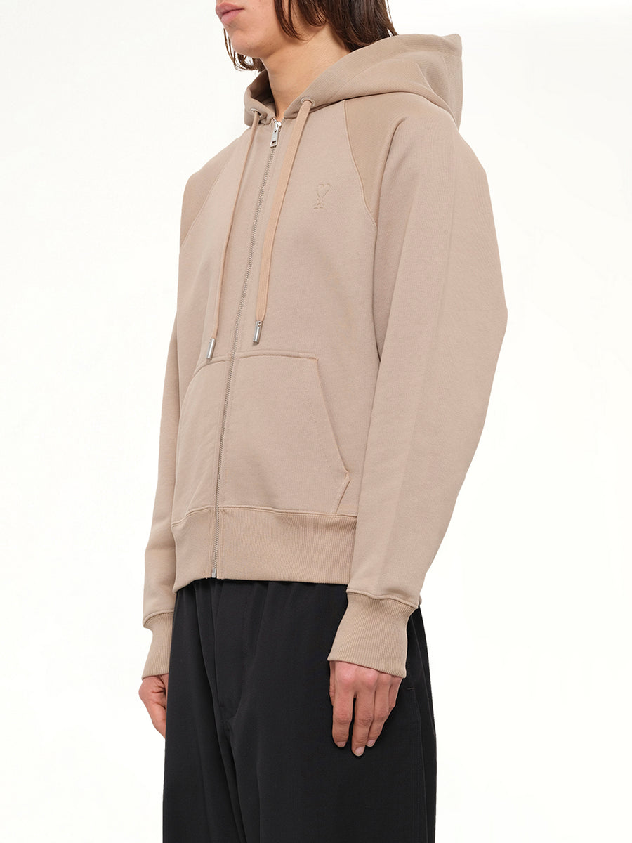 Tonal Embossed Ami De Coeur Zipped Hoodie in Beige