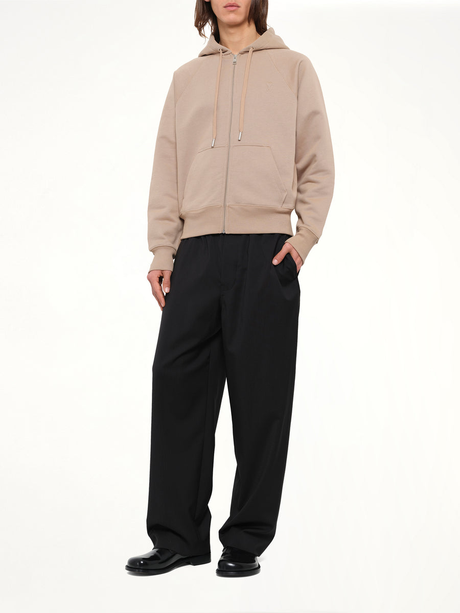 Tonal Embossed Ami De Coeur Zipped Hoodie in Beige