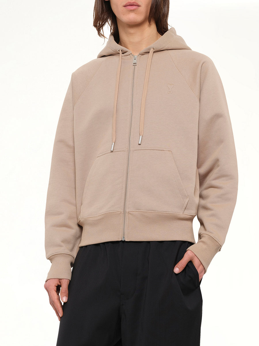 Tonal Embossed Ami De Coeur Zipped Hoodie in Beige