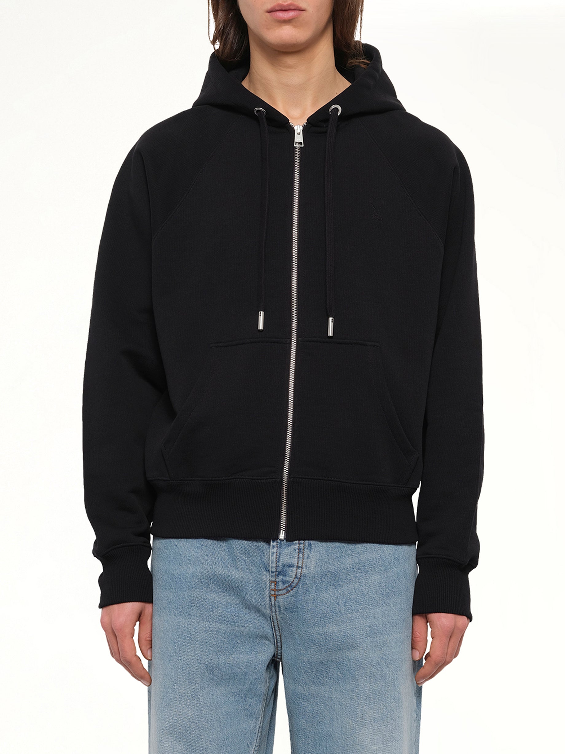 Tonal Embossed Ami De Coeur Zipped Hoodie in Black