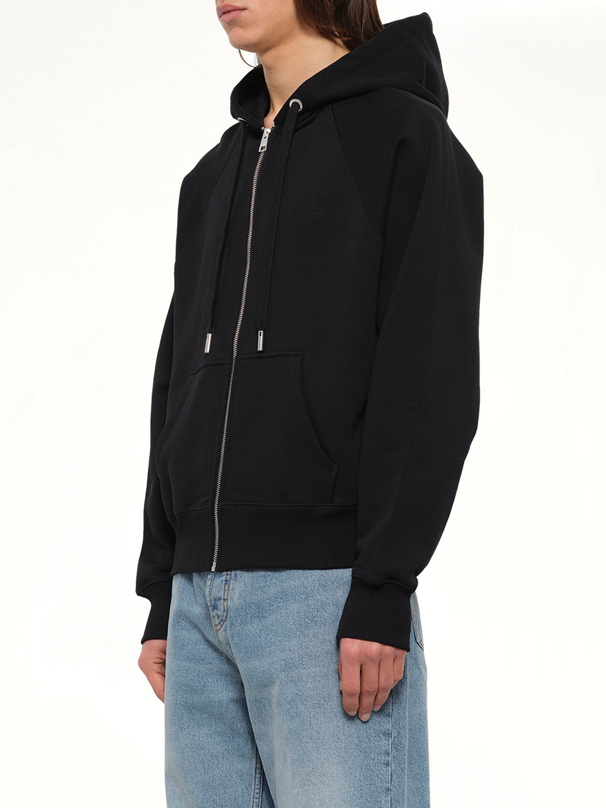 Tonal Embossed Ami De Coeur Zipped Hoodie in Black
