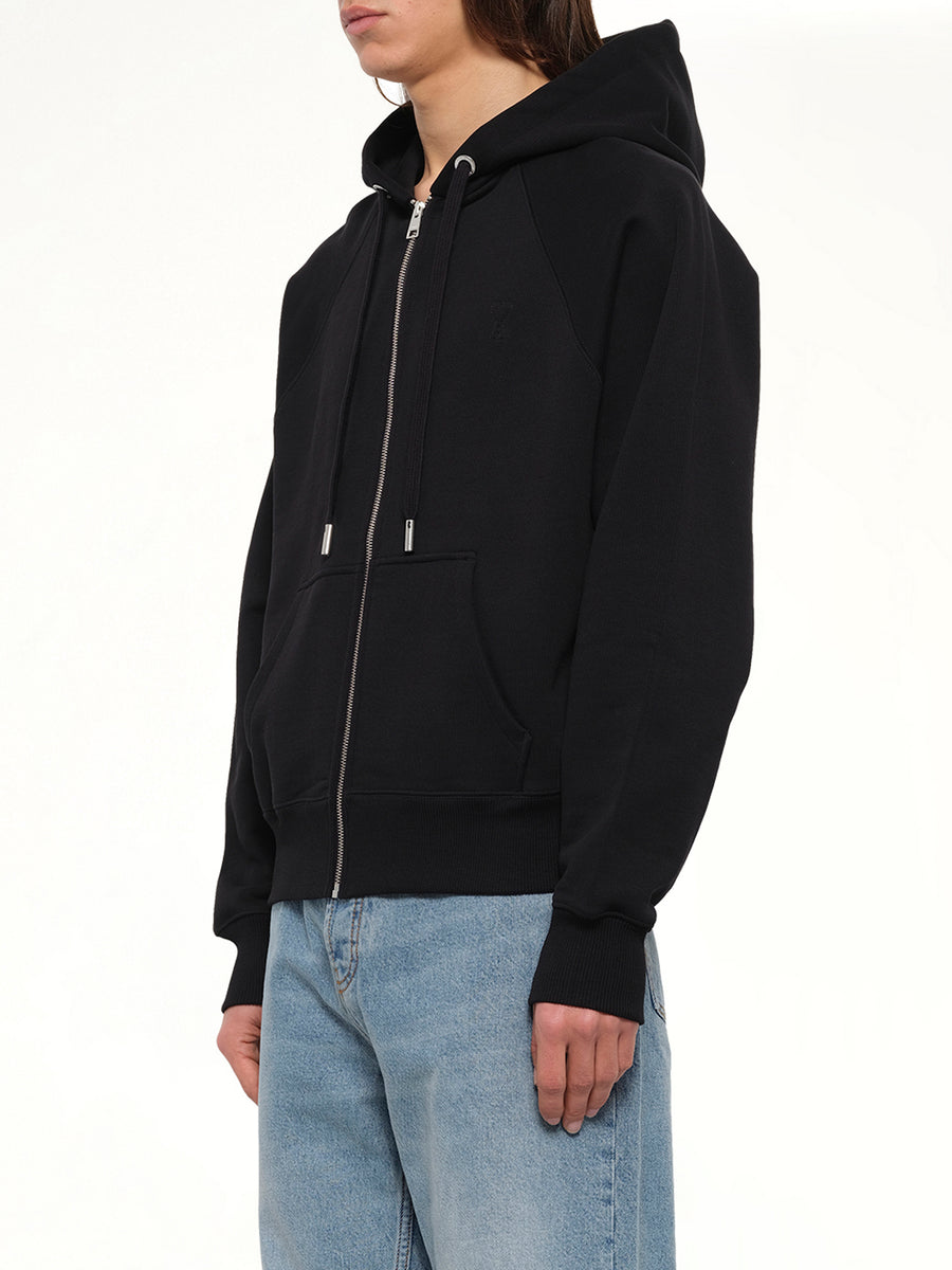 Tonal Embossed Ami De Coeur Zipped Hoodie in Black