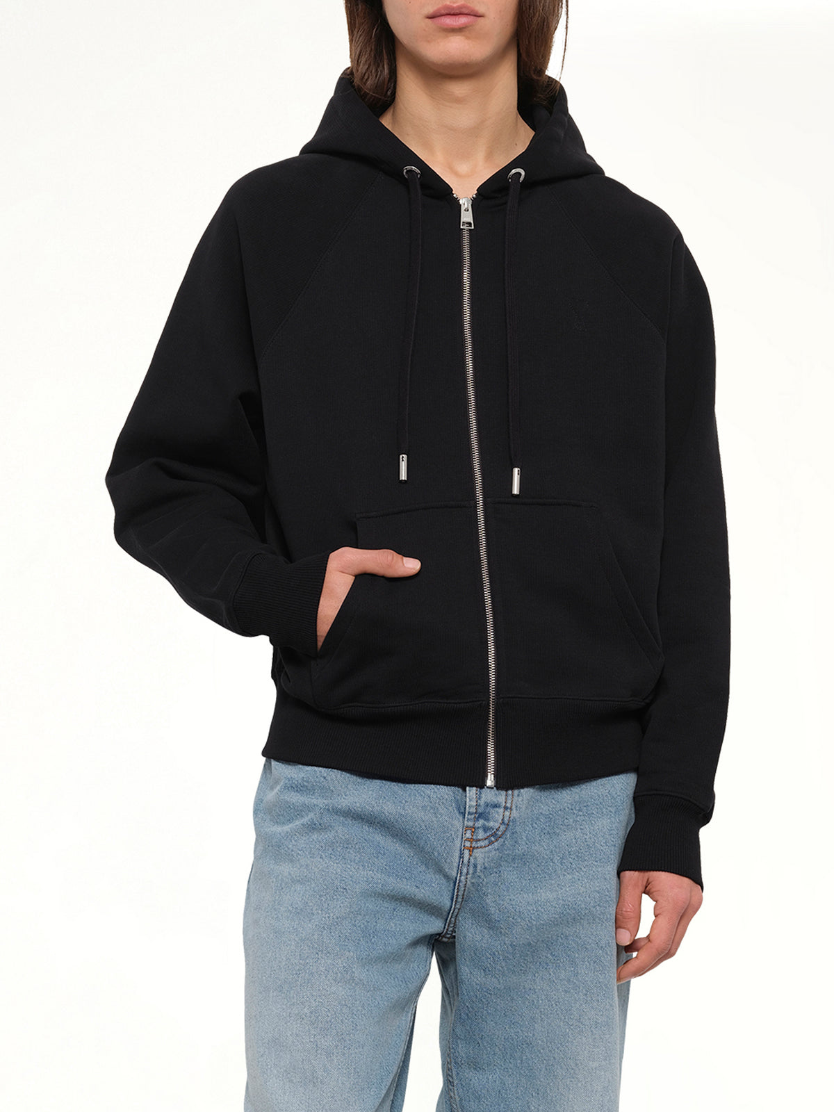 Tonal Embossed Ami De Coeur Zipped Hoodie in Black