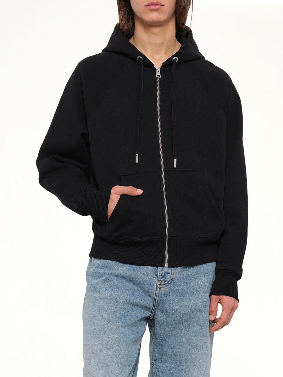 Tonal Embossed Ami De Coeur Zipped Hoodie in Black
