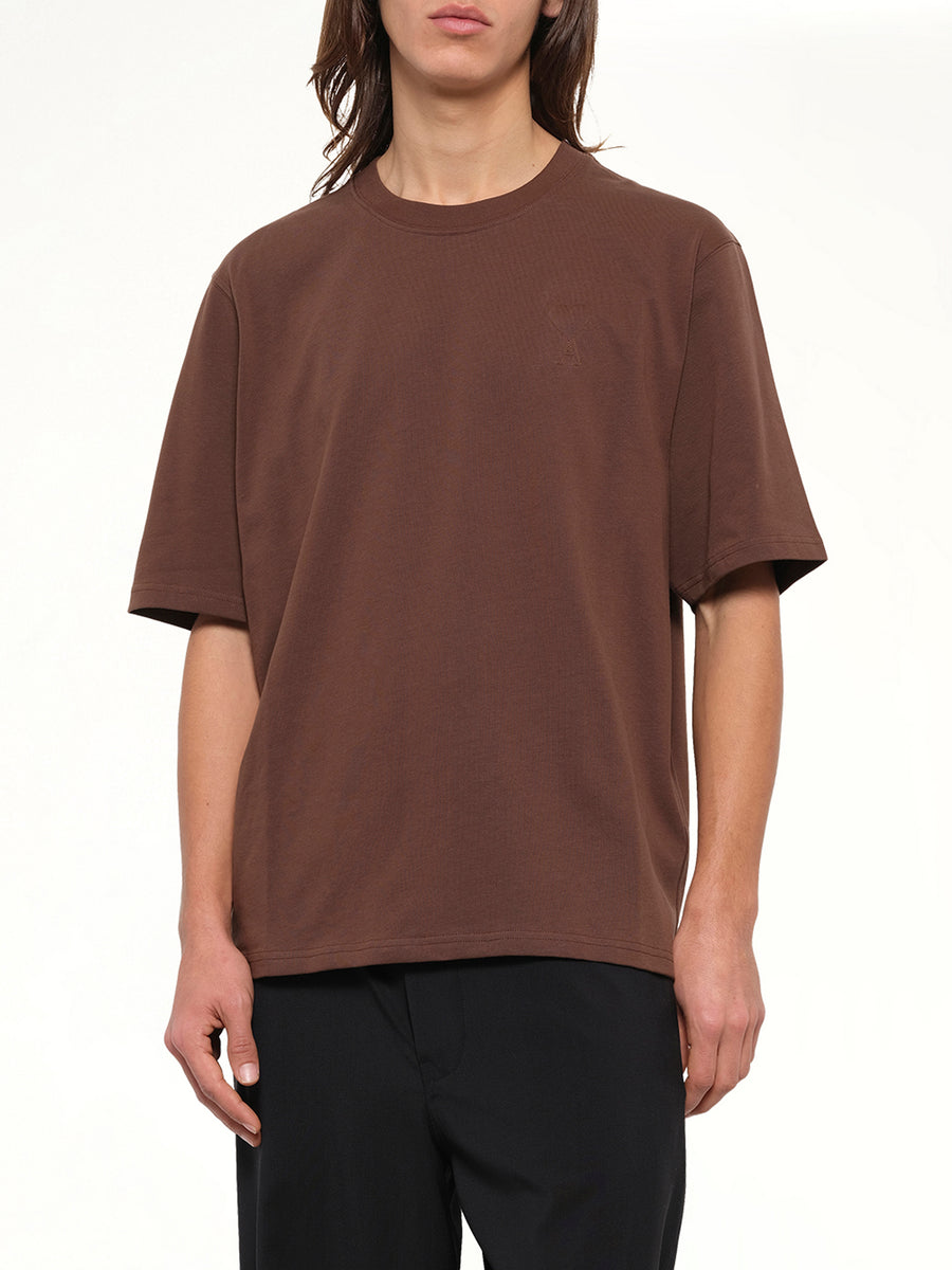 Tonal Embossed Big Ami De Coeur T-Shirt in Chocolate Brown