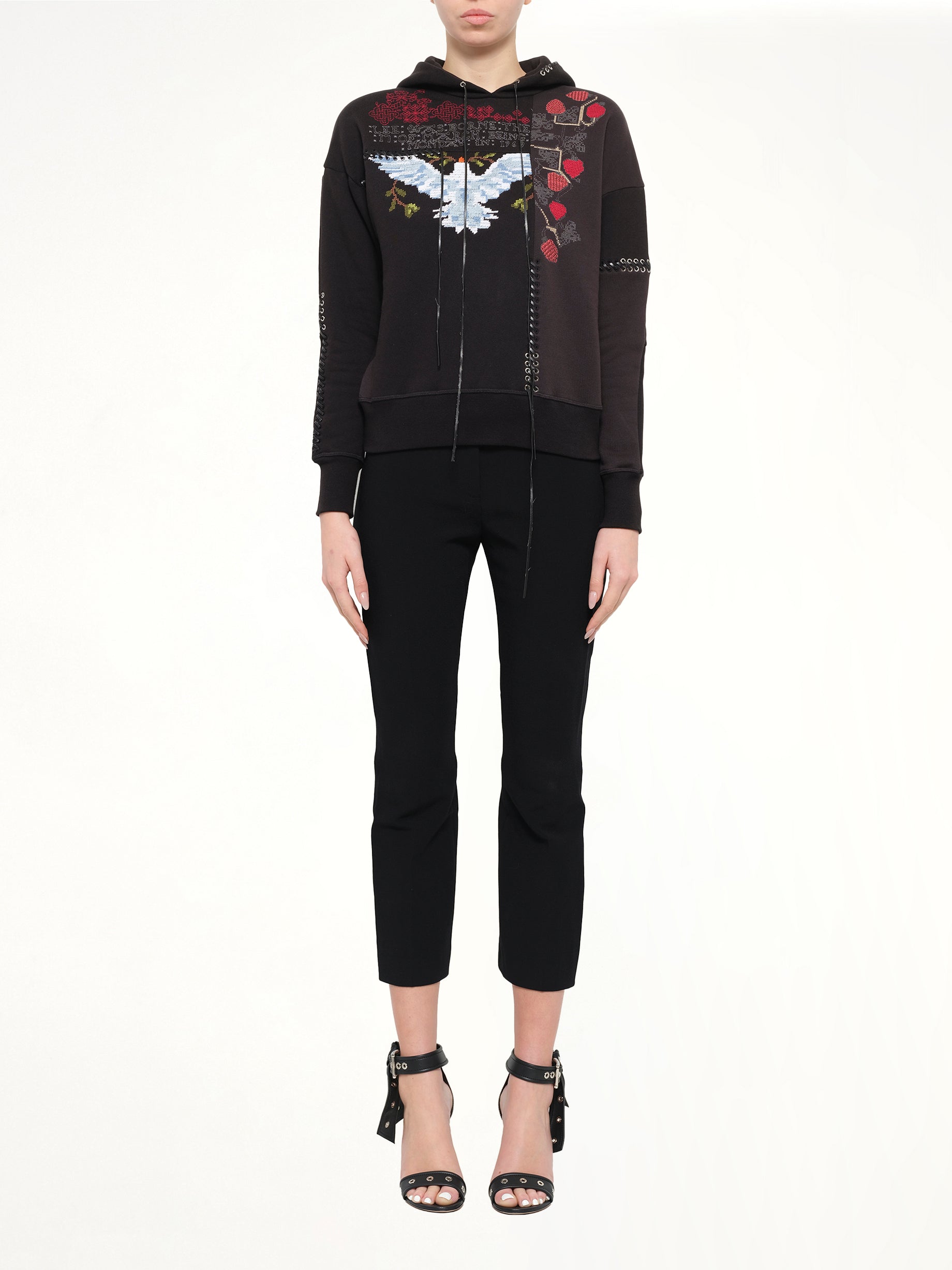 Bird Embroidered Hoodie in Black
