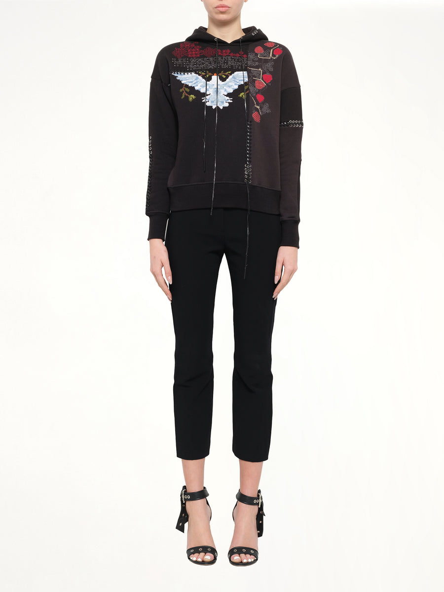 Bird Embroidered Hoodie in Black