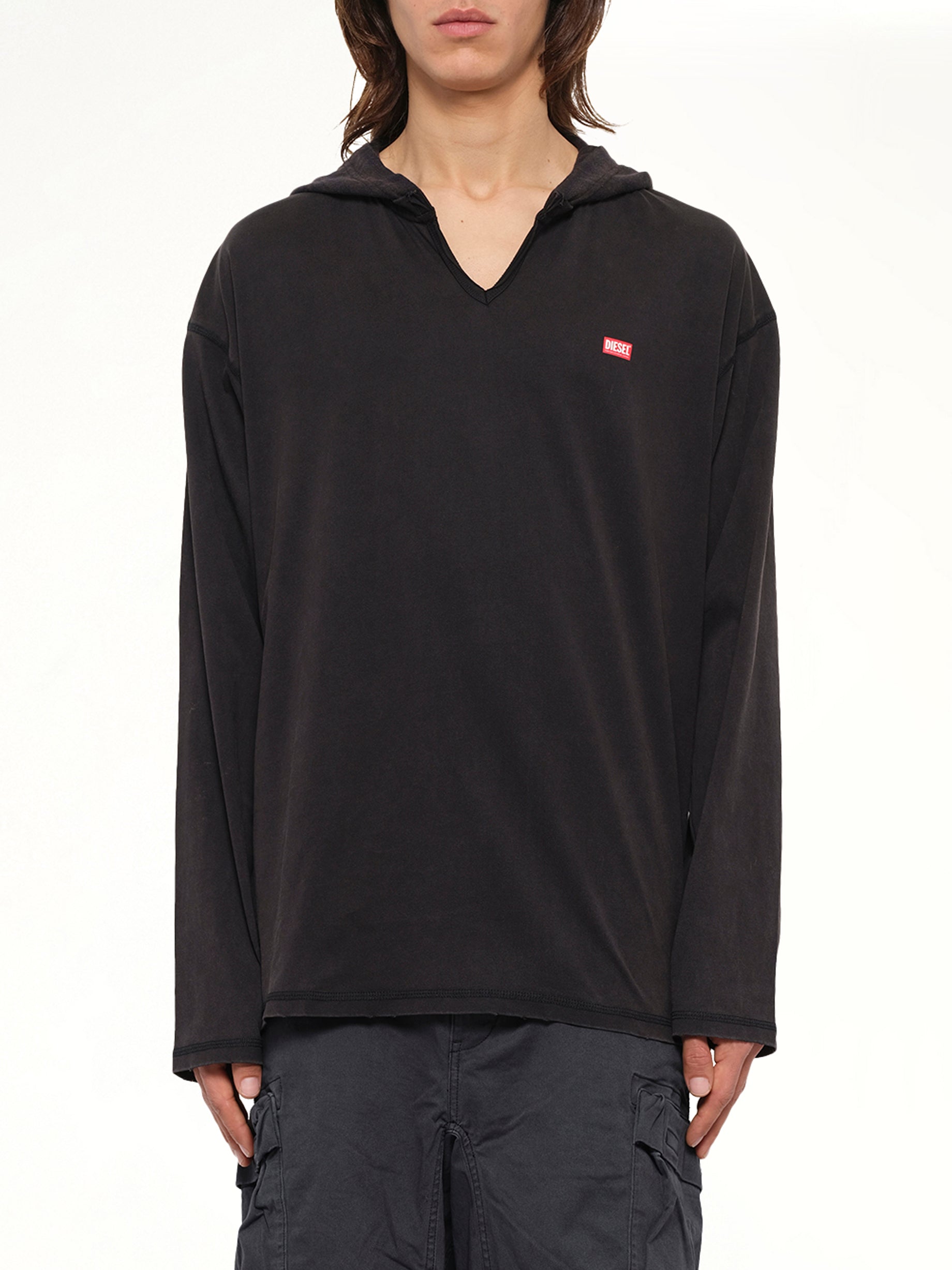 T-BOXT-LS-HOOD-CHECK T-Shirt in Black