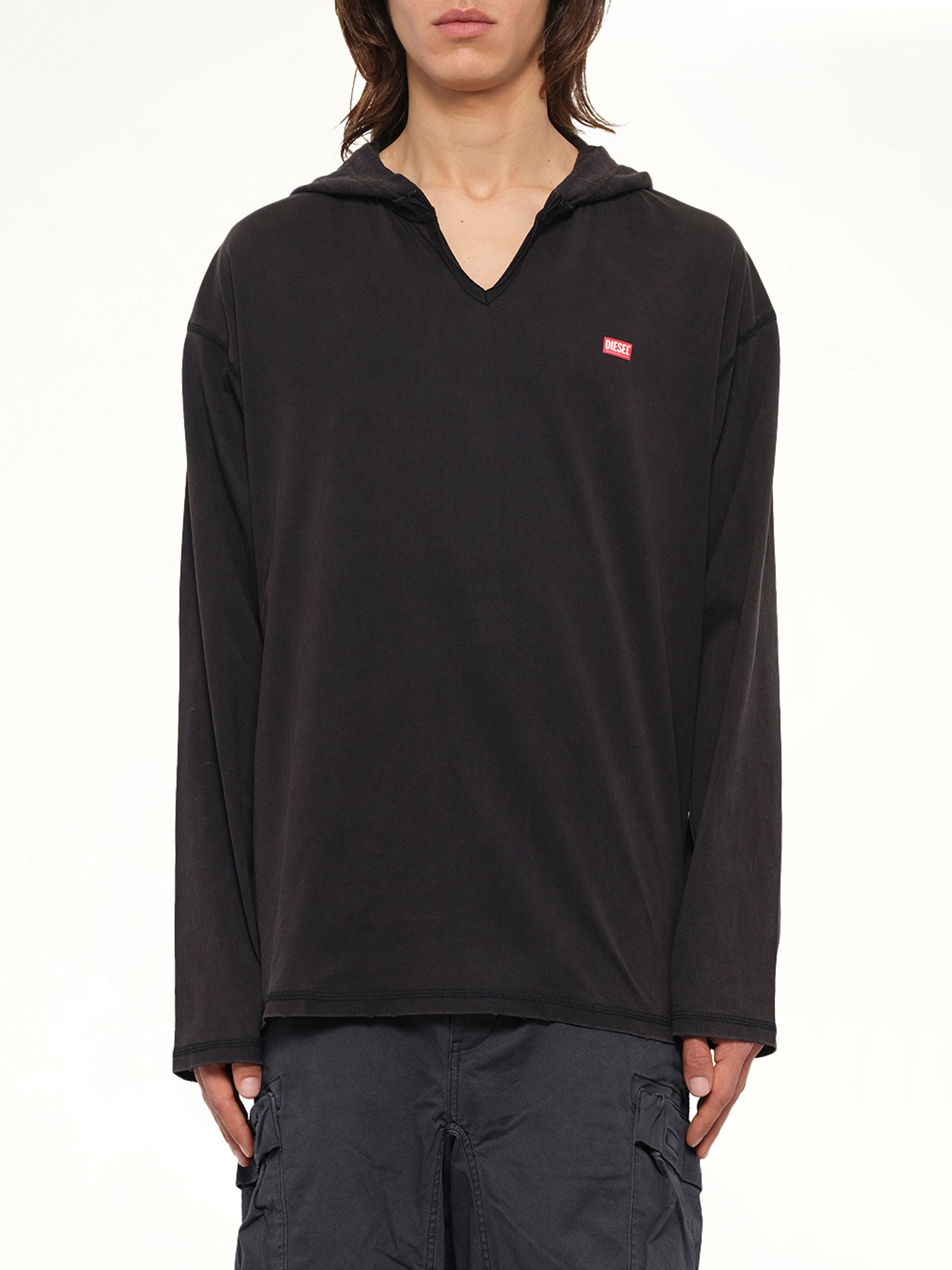 T-BOXT-LS-HOOD-CHECK T-Shirt in Black