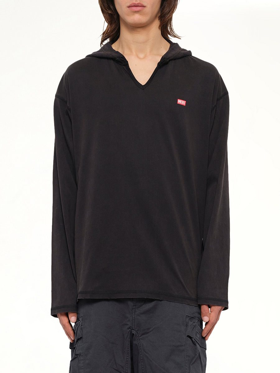 T-BOXT-LS-HOOD-CHECK T-Shirt in Black