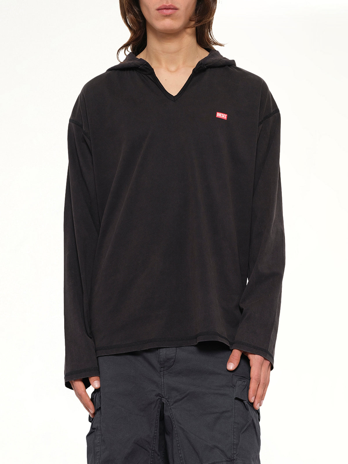 T-BOXT-LS-HOOD-CHECK T-Shirt in Black