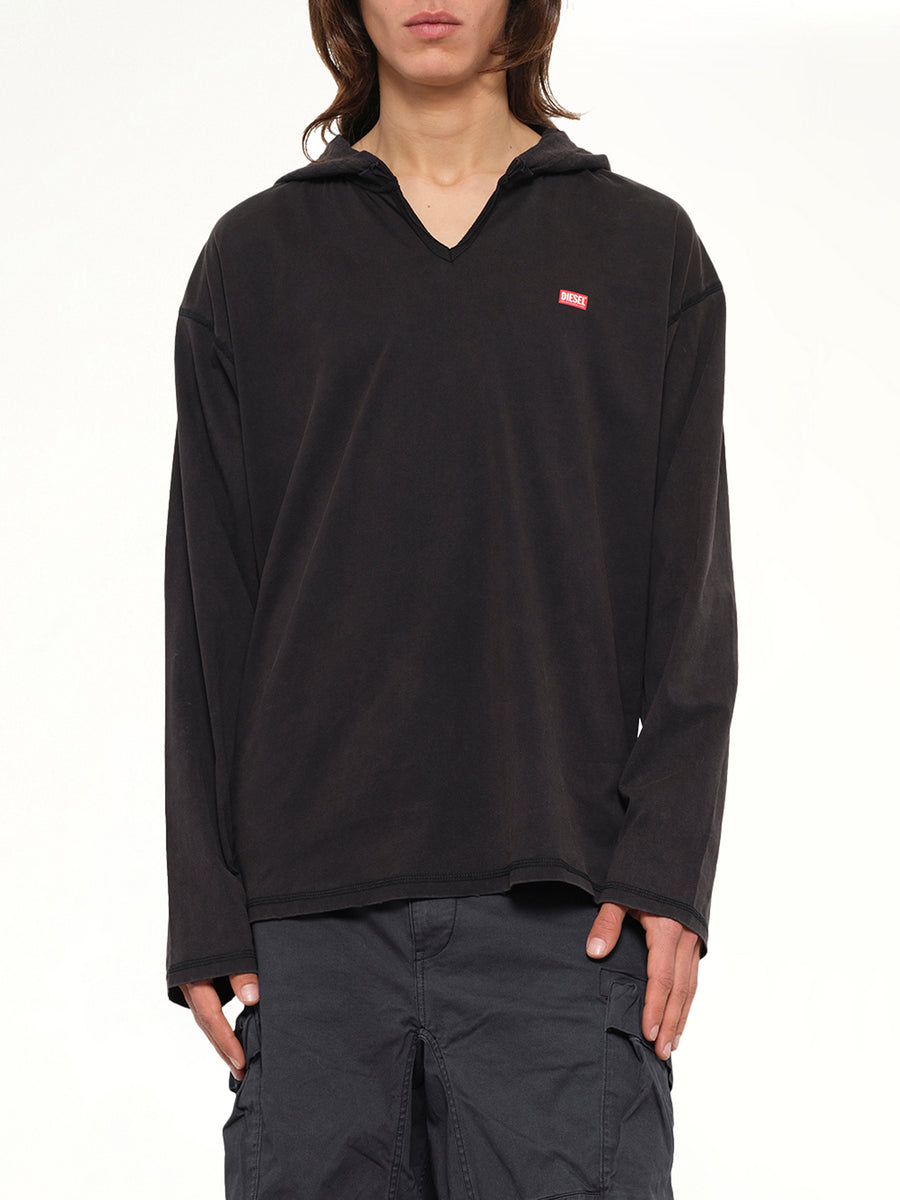 T-BOXT-LS-HOOD-CHECK T-Shirt in Black