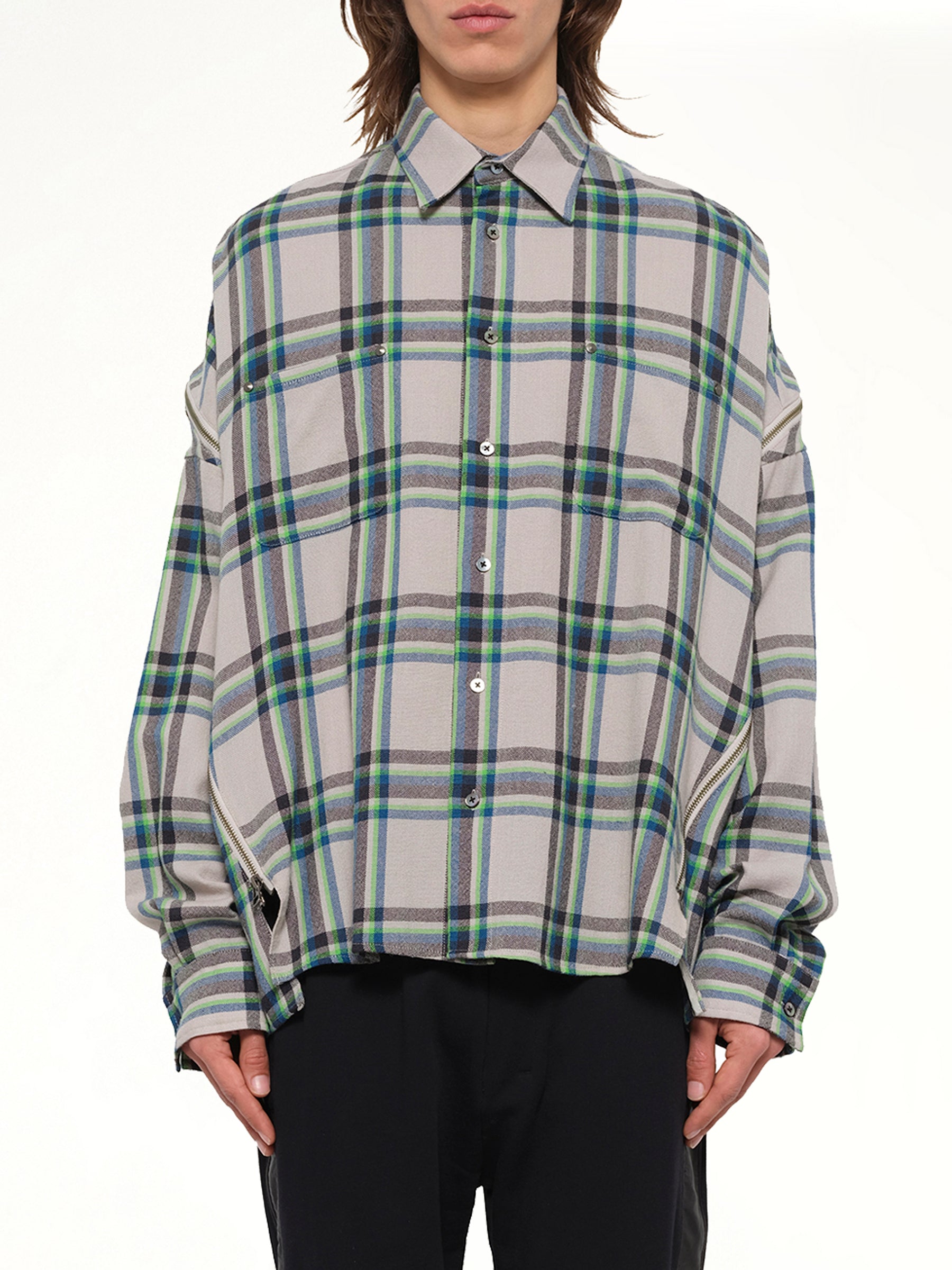 Wool Check Zipper Shirt in Light Grey