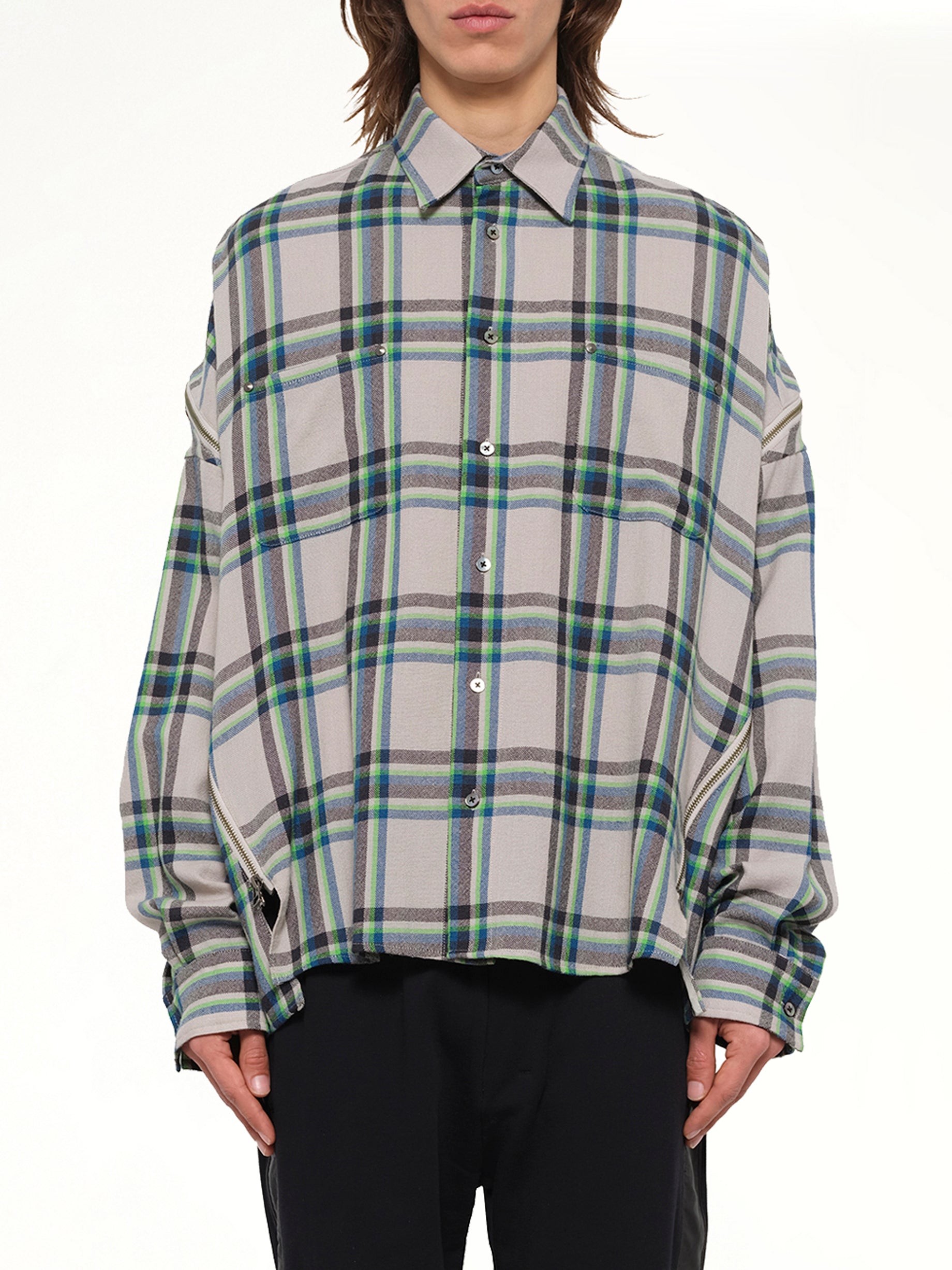Wool Check Zipper Shirt in Light Grey