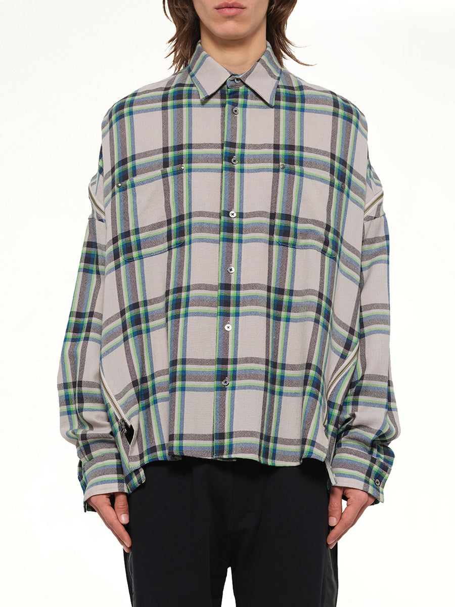 Wool Check Zipper Shirt in Light Grey