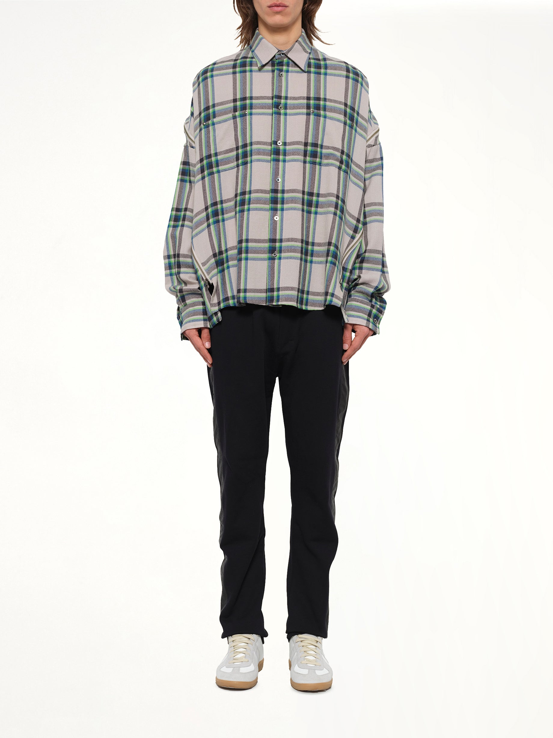 Wool Check Zipper Shirt in Light Grey