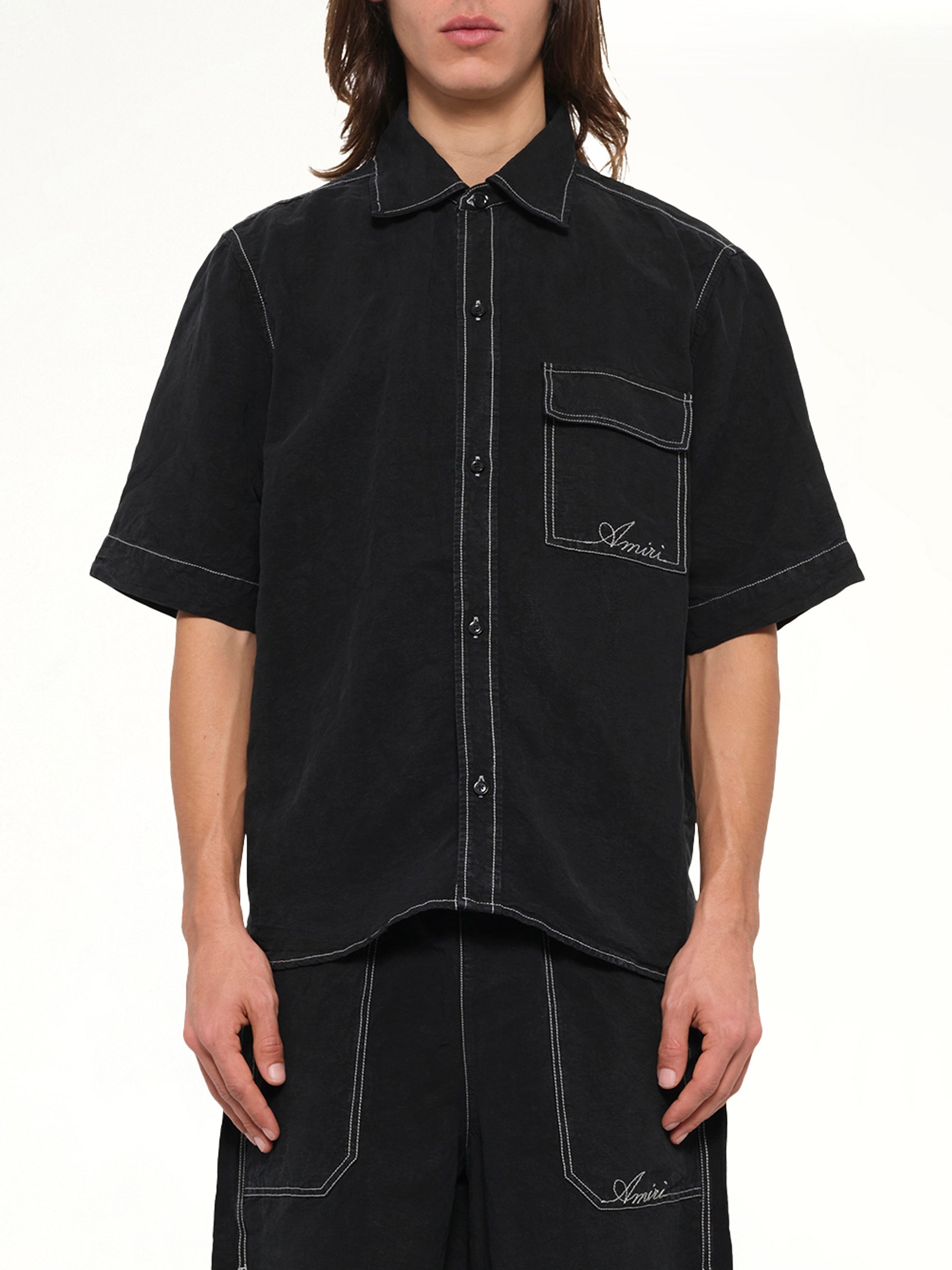 Script Linen Pocket Shirt in Black