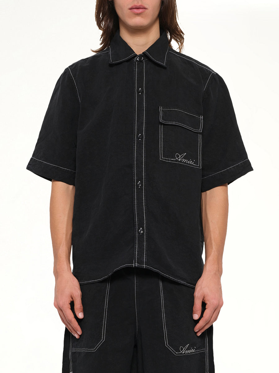 Script Linen Pocket Shirt in Black