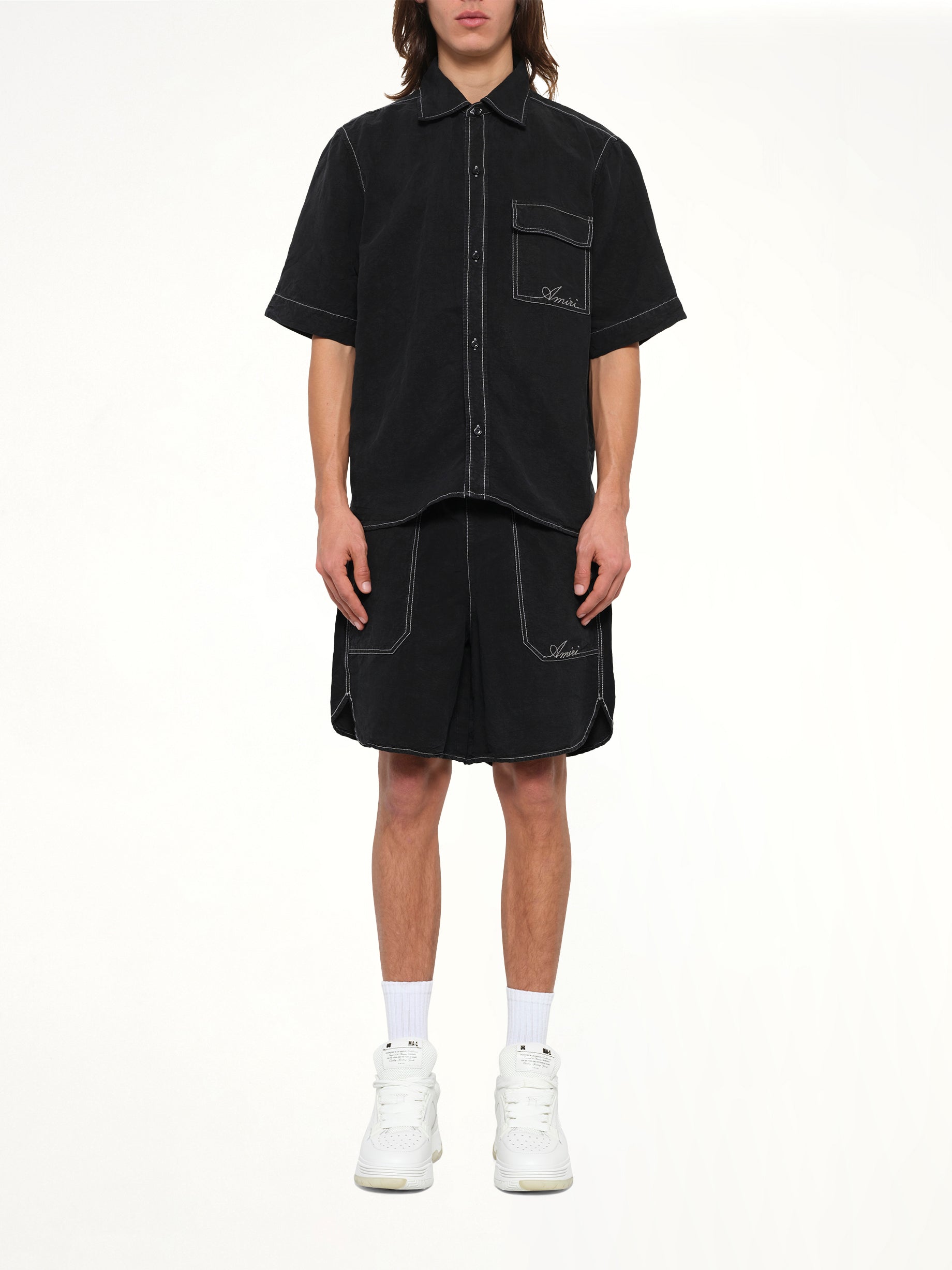 Script Linen Pocket Shirt in Black