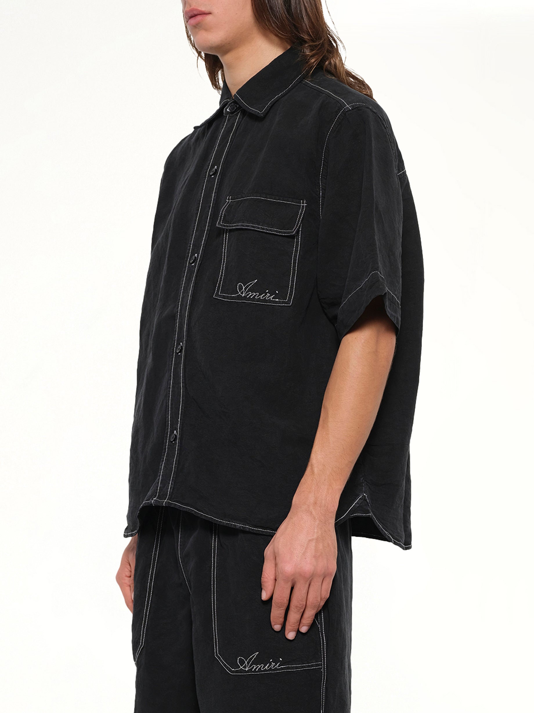 Script Linen Pocket Shirt in Black