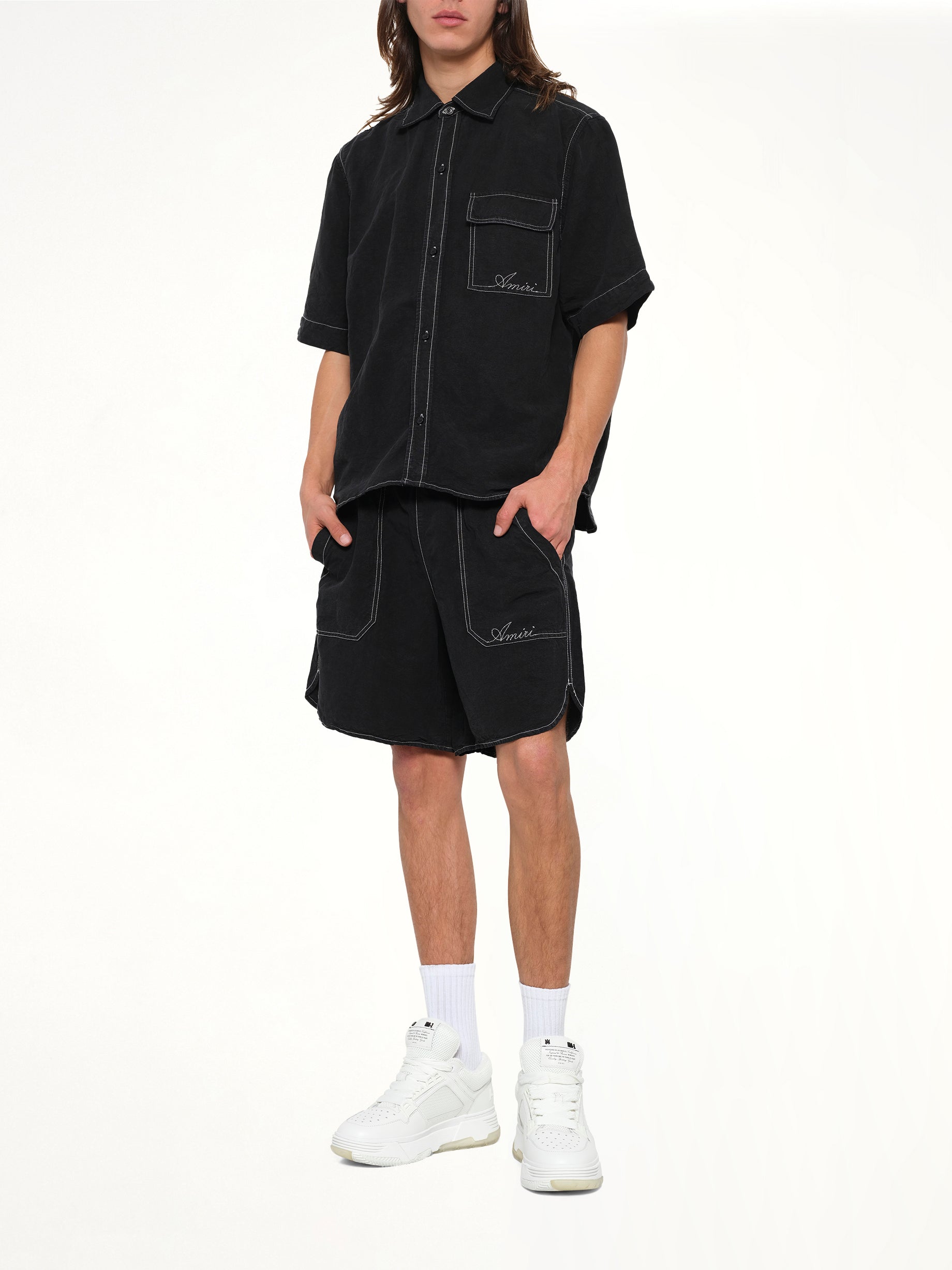 Script Linen Pocket Shirt in Black