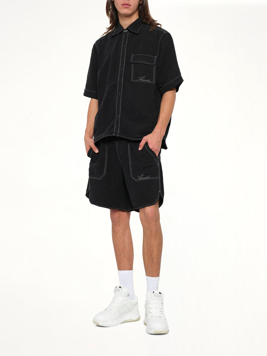 Script Linen Pocket Shirt in Black