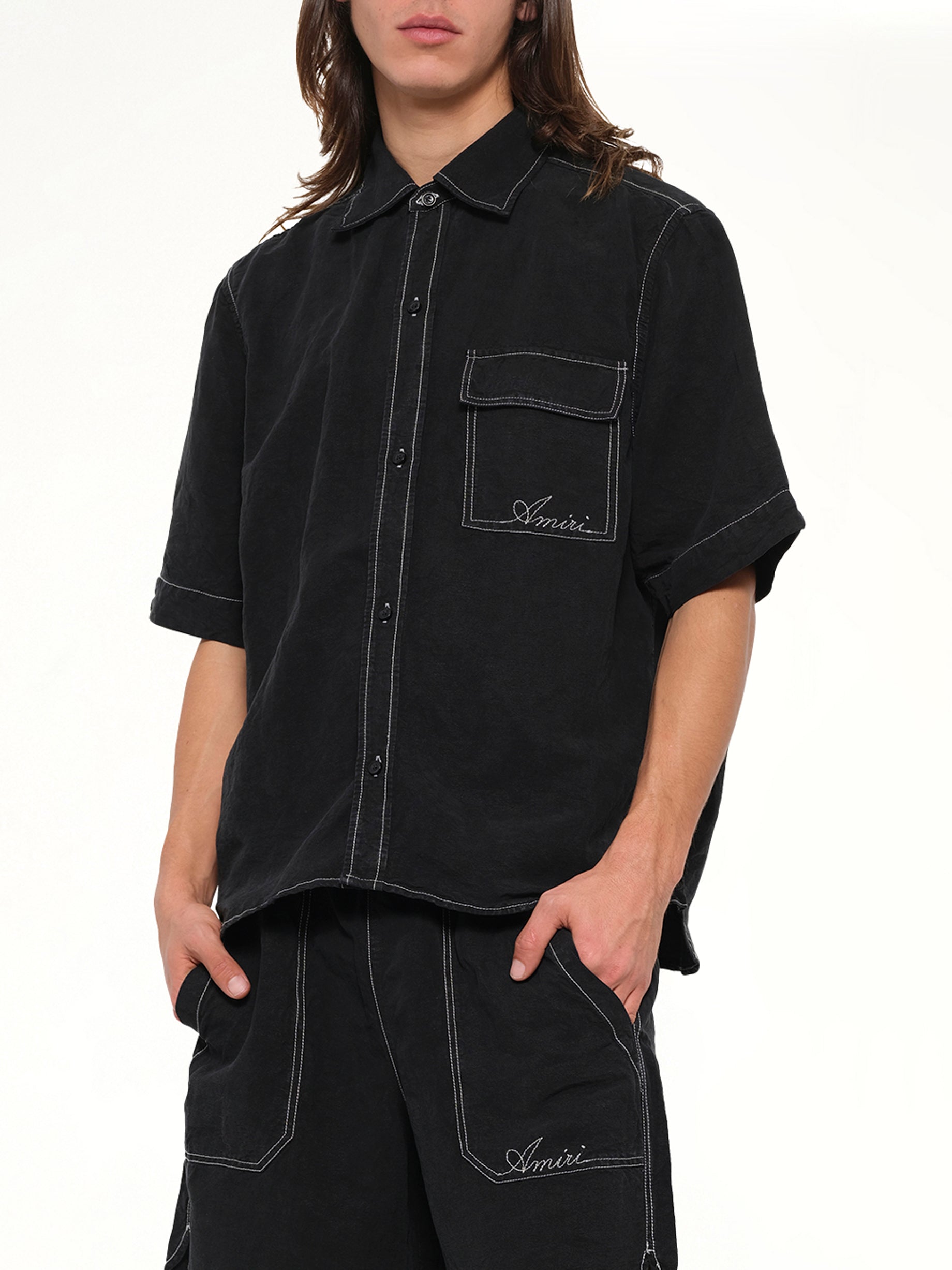 Script Linen Pocket Shirt in Black
