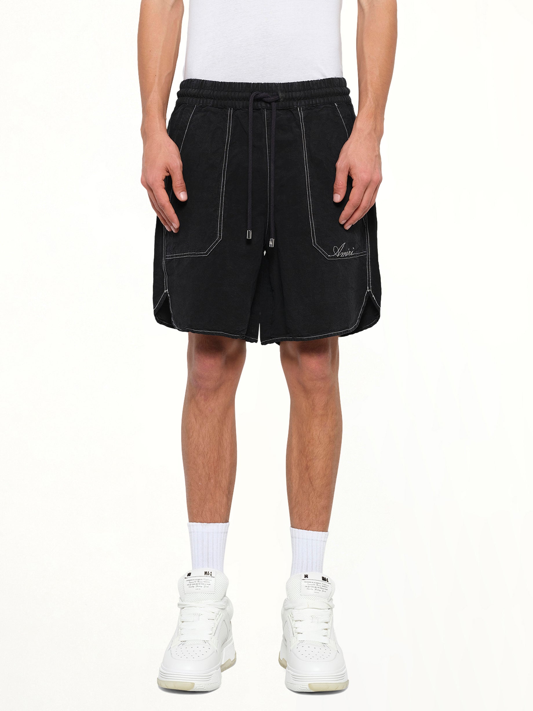 Script Linen Short in Black