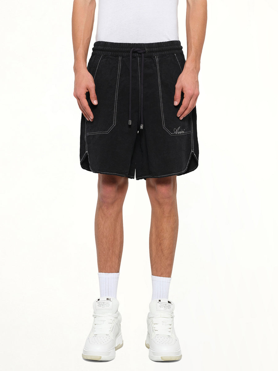 Script Linen Short in Black