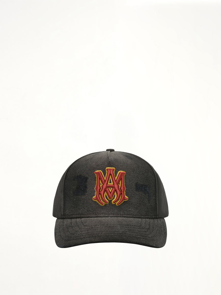 MA Distressed Outline Baseball Cap in Black