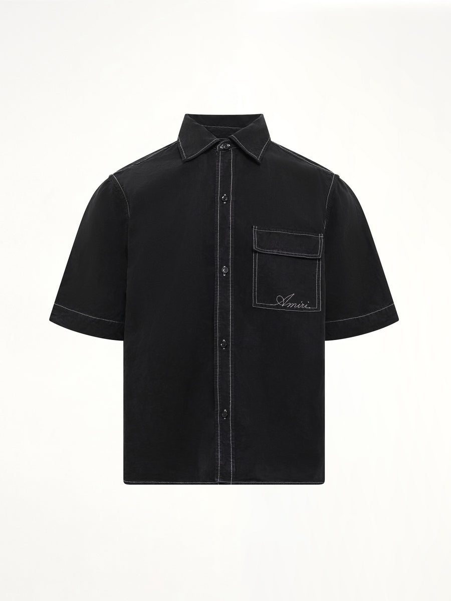 Script Linen Pocket Shirt in Black