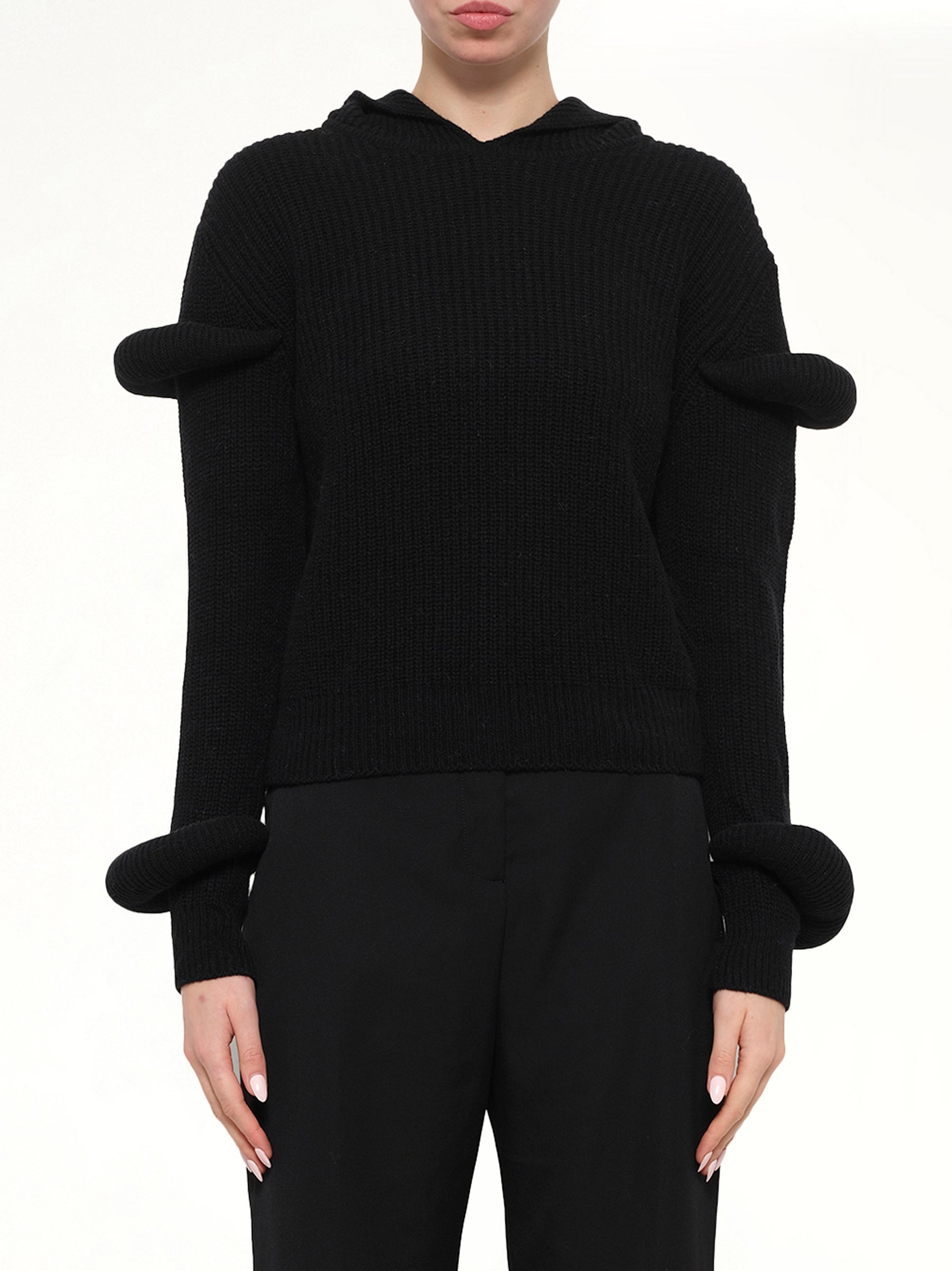 Rib Knit Hoodie in Black