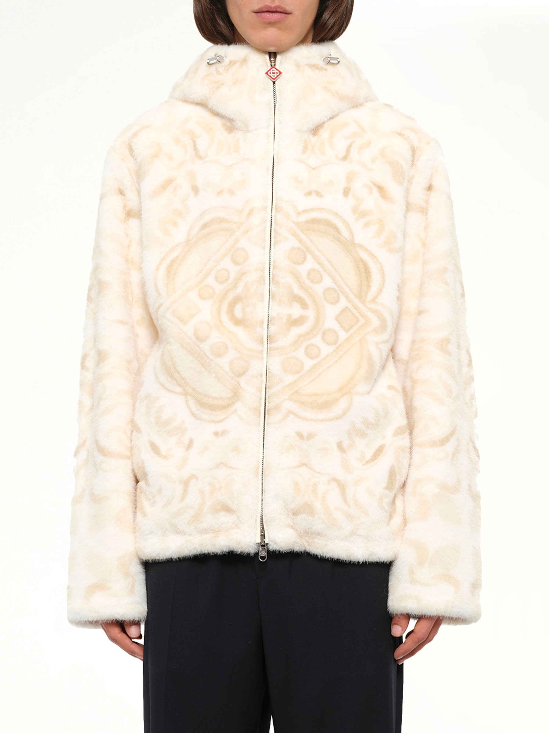 Carpet Print Faux Fur Hoodie in Beige
