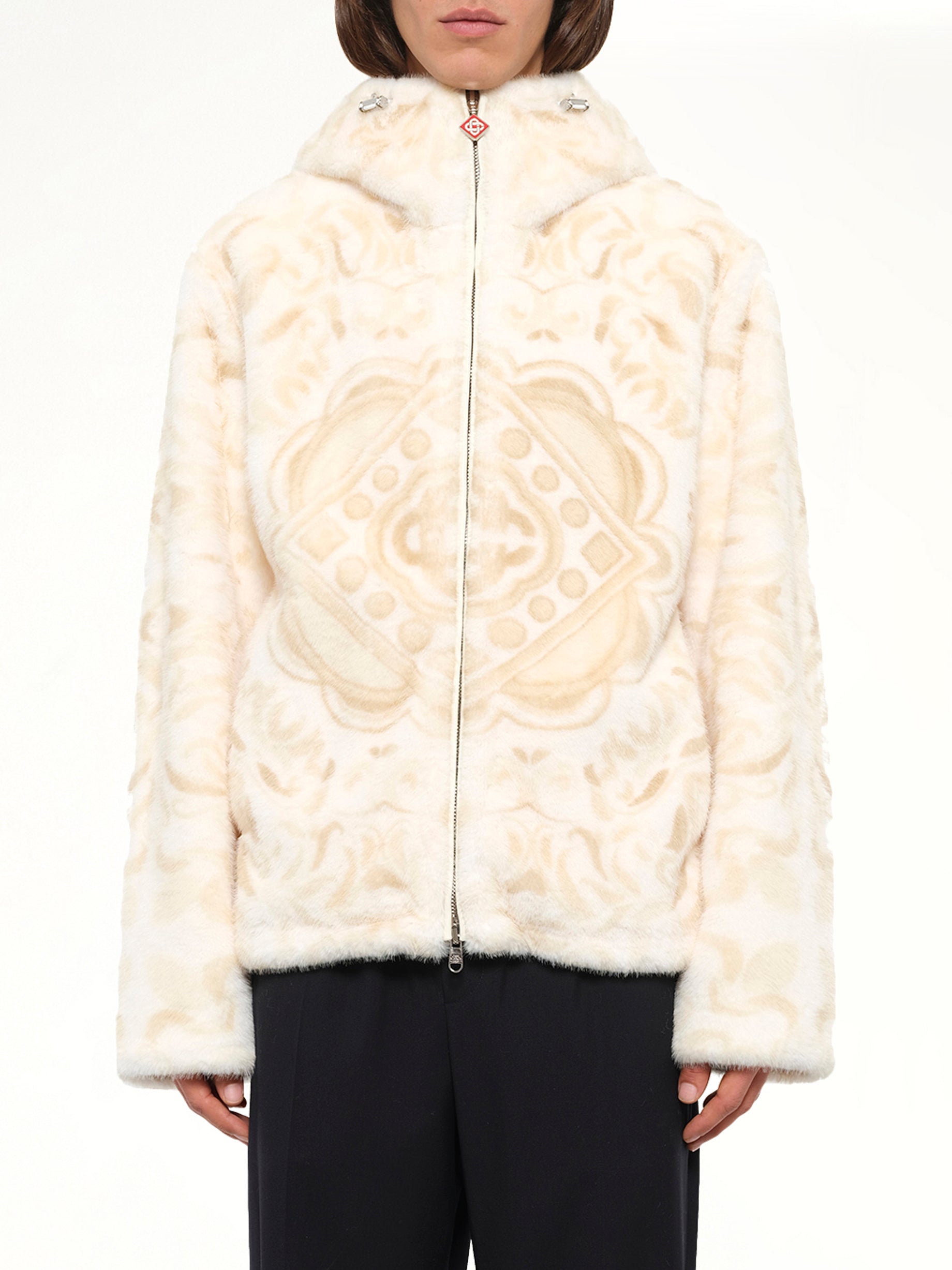 Carpet Print Faux Fur Hoodie in Beige