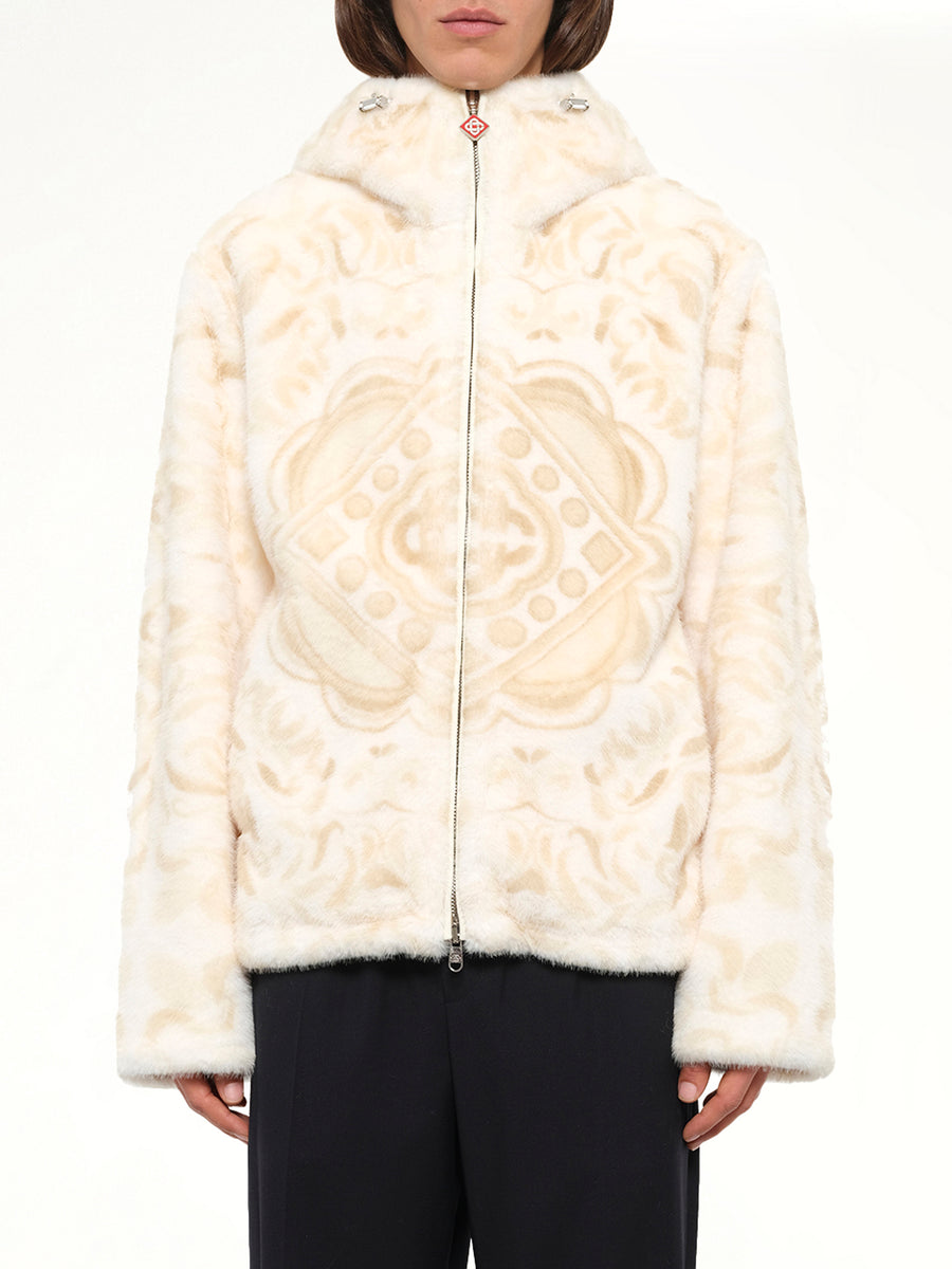 Carpet Print Faux Fur Hoodie in Beige