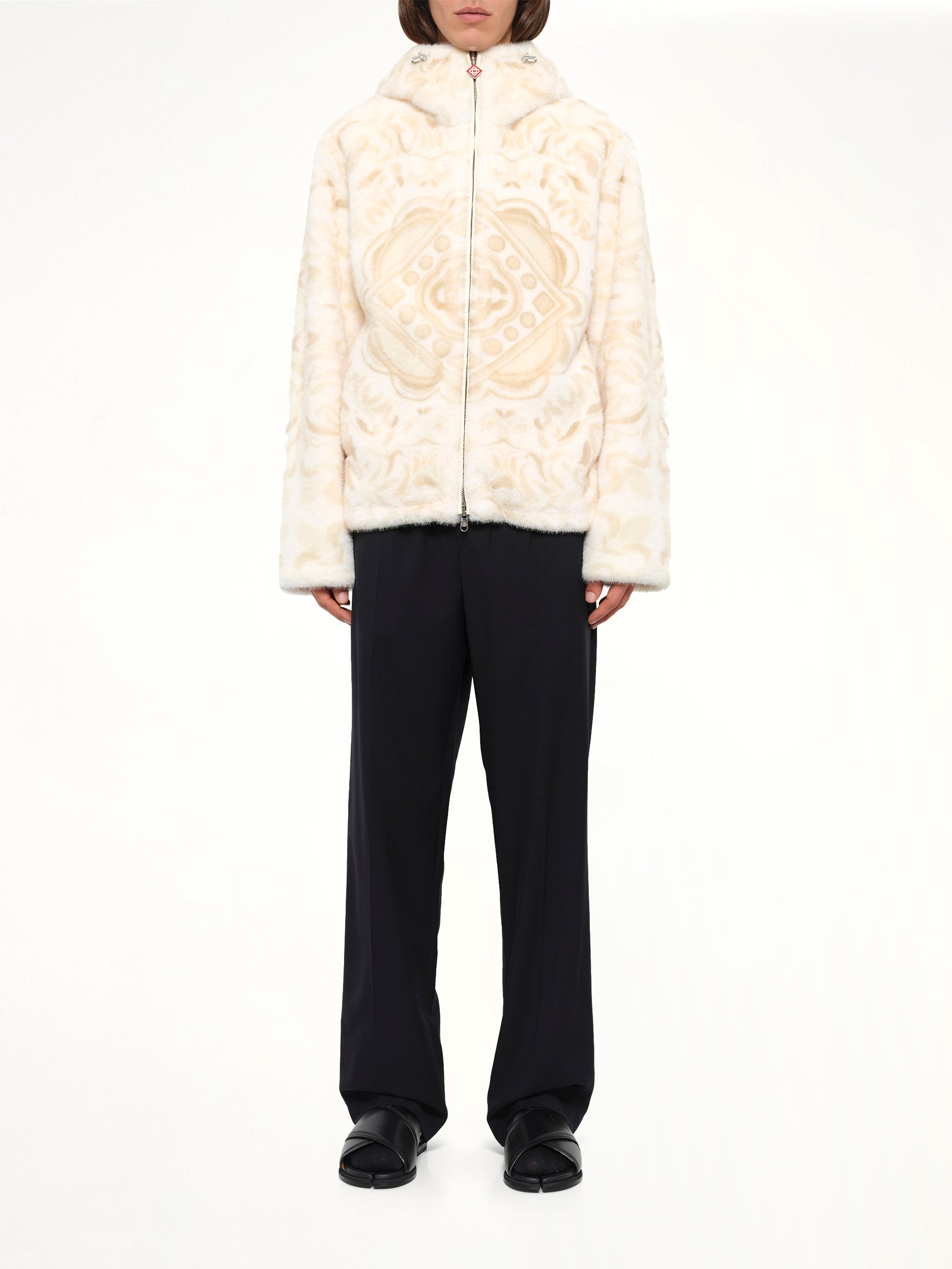 Carpet Print Faux Fur Hoodie in Beige