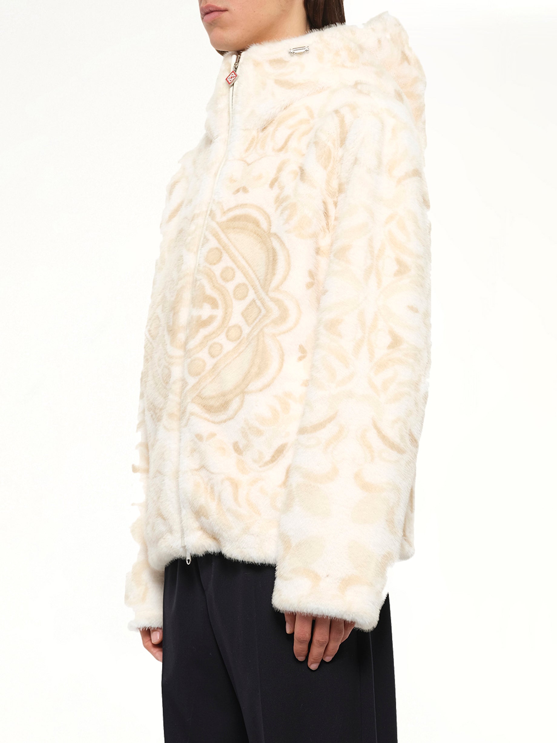Carpet Print Faux Fur Hoodie in Beige