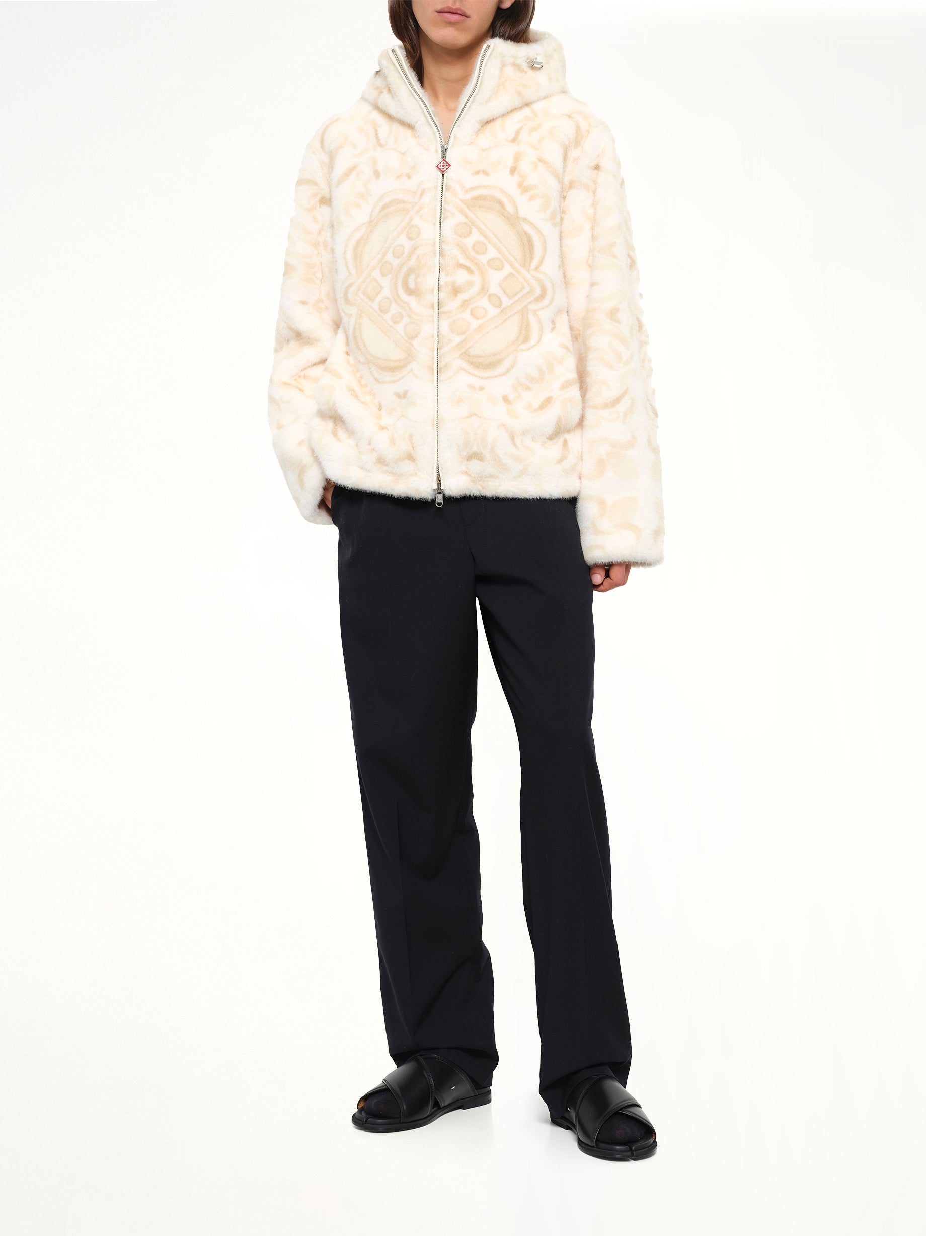 Carpet Print Faux Fur Hoodie in Beige