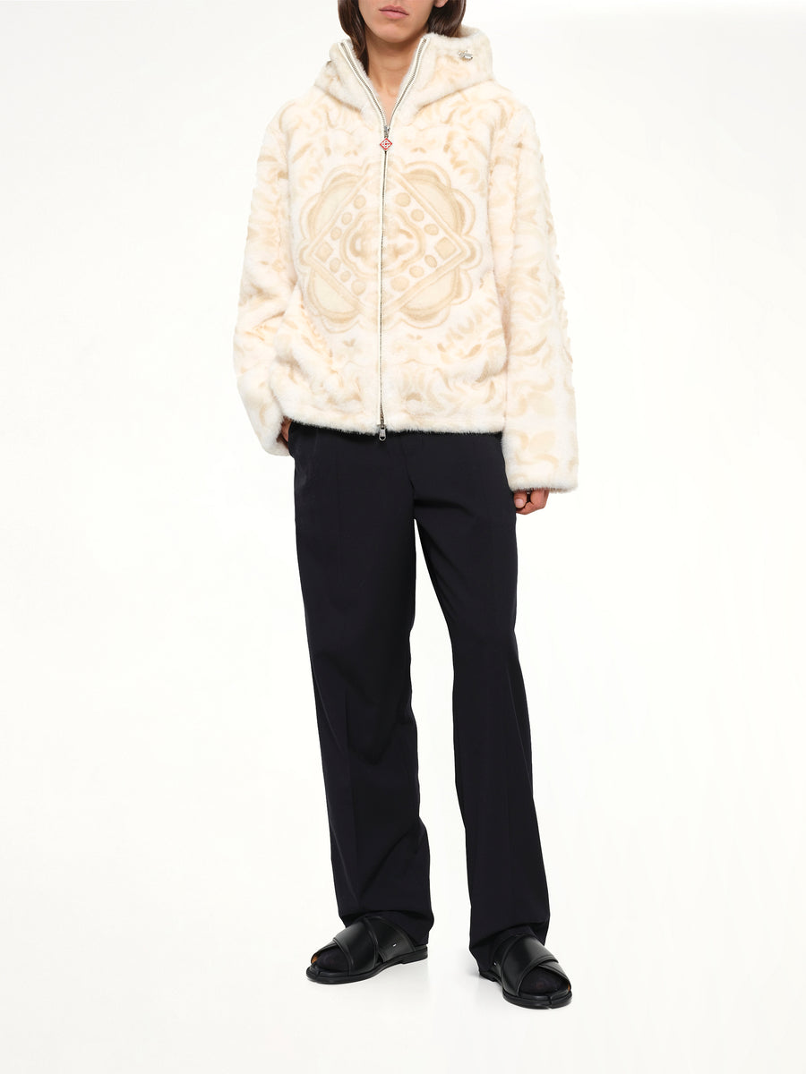Carpet Print Faux Fur Hoodie in Beige
