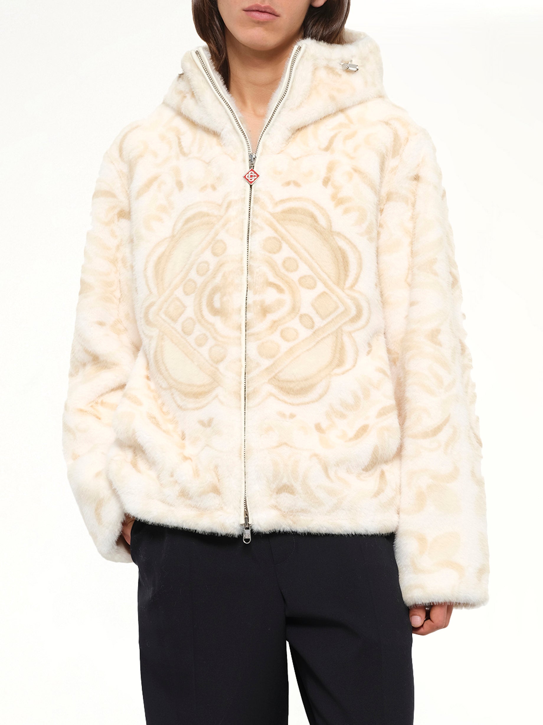 Carpet Print Faux Fur Hoodie in Beige
