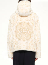 Carpet Print Faux Fur Hoodie in Beige