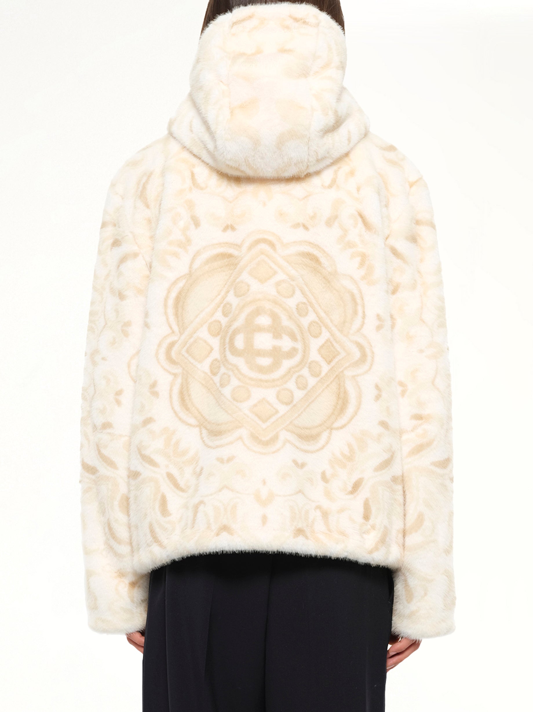 Carpet Print Faux Fur Hoodie in Beige