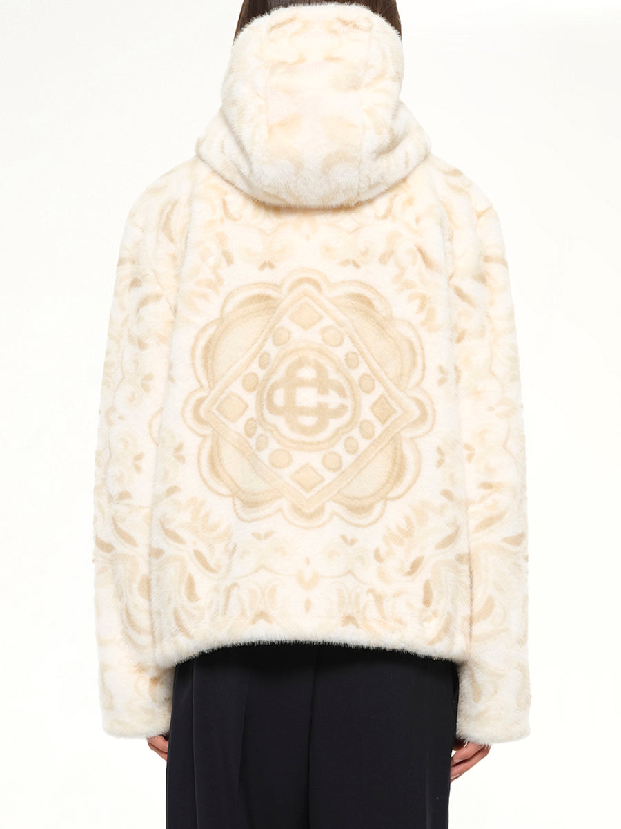 Carpet Print Faux Fur Hoodie in Beige